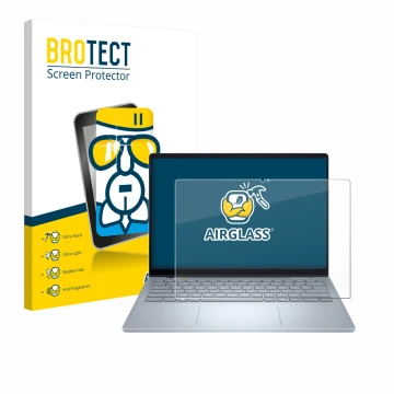 Front side of a product packaging with the brand logo BROTECT. Next to it is the device Dell 14 Plus 2-in-1 shown with the cor