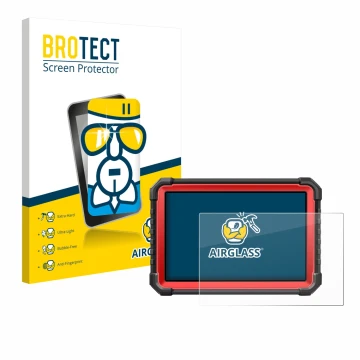 Front side of a product packaging with the brand logo BROTECT. Next to it is the device Launch X-431 PRO3S+ V5.0 shown with th