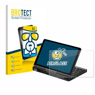 Front side of a product packaging with the brand logo BROTECT. Next to it is the device GPD Pocket 4 shown with the correspond