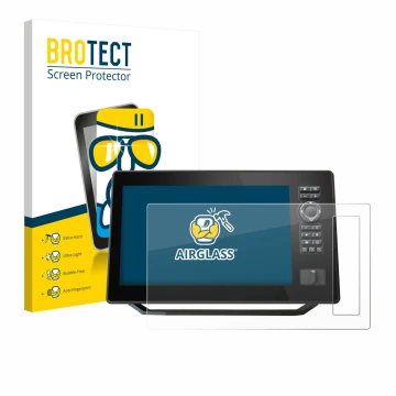 Front side of a product packaging with the brand logo BROTECT. Next to it is the device Humminbird Xplore 10 shown with the co