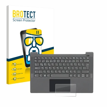 Front side of a product packaging with the brand logo BROTECT. Next to it is the device Lenovo IdeaPad 5 14ALC05 Touchpad show