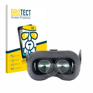 Front side of a product packaging with the brand logo BROTECT. Next to it is the device Valve Index VR-Headset shown with the 