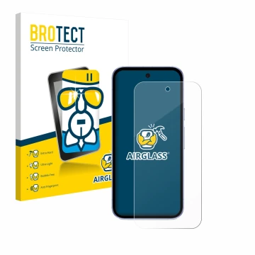 Front side of a product packaging with the brand logo BROTECT. Next to it is the device Google Pixel 9a shown with the corresp