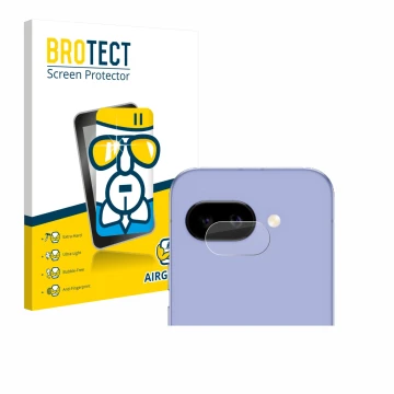 Front side of a product packaging with the brand logo BROTECT. Next to it is the device Google Pixel 9a (ONLY Camera Lens) sho
