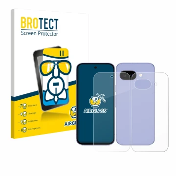 Front side of a product packaging with the brand logo BROTECT. Next to it is the device Google Pixel 9a (Front+Back) shown wit