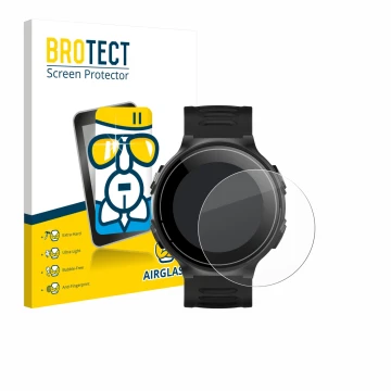 Front side of a product packaging with the brand logo BROTECT. Next to it is the device Kiprun GPS 500 Coros shown with the co