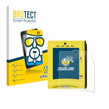 Front side of a product packaging with the brand logo BROTECT. Next to it is the device Nayax VPOS TOUCH shown with the corres