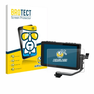 Front side of a product packaging with the brand logo BROTECT. Next to it is the device Feelworld F5 PROX 5,5