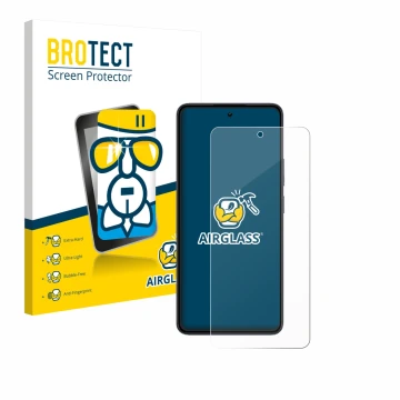 Front side of a product packaging with the brand logo BROTECT. Next to it is the device realme 14 shown with the corresponding