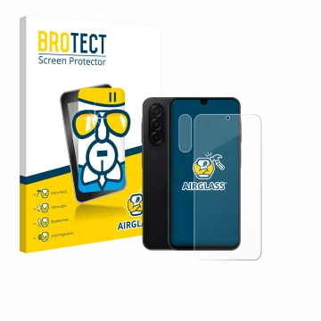 Front side of a product packaging with the brand logo BROTECT. Next to it is the device Samsung Galaxy A26 5G Enterprise Editi