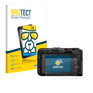 Front side of a product packaging with the brand logo BROTECT. Next to it is the device Canon EOS R50 V shown with the corresp