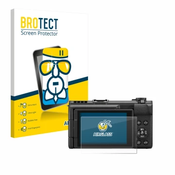 Front side of a product packaging with the brand logo BROTECT. Next to it is the device Canon PowerShot V1 shown with the corr