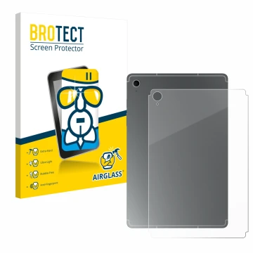 Front side of a product packaging with the brand logo BROTECT. Next to it is the device Samsung Galaxy Tab S10 FE (Back) shown