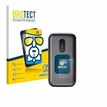 Front side of a product packaging with the brand logo BROTECT. Next to it is the device Doro 2880 (Outer display) shown with t