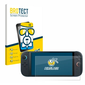 Front side of a product packaging with the brand logo BROTECT. Next to it is the device Nintendo Switch 2 shown with the corre