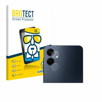 Front side of a product packaging with the brand logo BROTECT. Next to it is the device Samsung Galaxy A06 5G (ONLY Camera Len