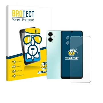 Front side of a product packaging with the brand logo BROTECT. Next to it is the device Samsung Galaxy A06 5G (Front+Camera) s