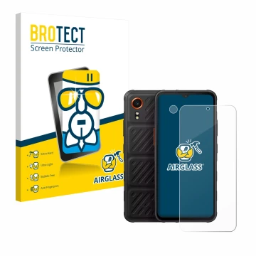Front side of a product packaging with the brand logo BROTECT. Next to it is the device Samsung Galaxy XCover 7 Enterprise Edi