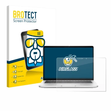 Front side of a product packaging with the brand logo BROTECT. Next to it is the device Dell Pro 13 Plus 2-in-1 shown with the