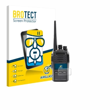 Front side of a product packaging with the brand logo BROTECT. Next to it is the device Midland G18 Pro PMR shown with the cor