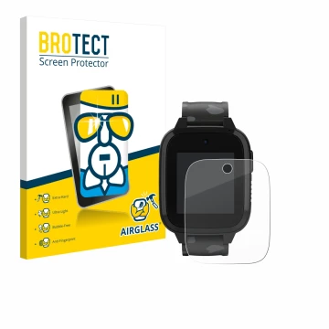 Front side of a product packaging with the brand logo BROTECT. Next to it is the device Xplora XGO3 (2nd Gen.) shown with the 