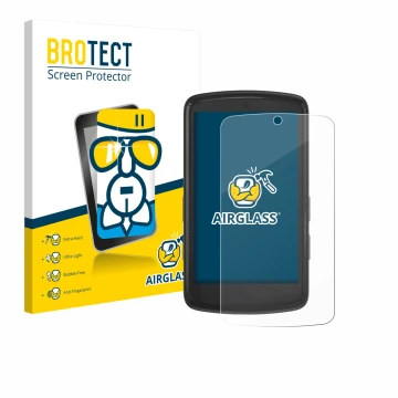 Front side of a product packaging with the brand logo BROTECT. Next to it is the device Bryton Rider S810 shown with the corre