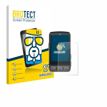 Front side of a product packaging with the brand logo BROTECT. Next to it is the device Wahoo Elemnt Roam V3 shown with the co