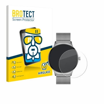 Front side of a product packaging with the brand logo BROTECT. Next to it is the device Pireware Slim Smartwatch shown with th