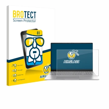 Front side of a product packaging with the brand logo BROTECT. Next to it is the device ASUS Vivobook S16 S3607 shown with the