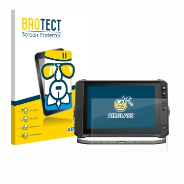 Front side of a product packaging with the brand logo BROTECT. Next to it is the device Lowrance Elite FS 10 shown with the co