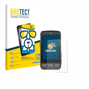 Front side of a product packaging with the brand logo BROTECT. Next to it is the device Wahoo Elemnt Roam 3 shown with the cor