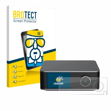 Front side of a product packaging with the brand logo BROTECT. Next to it is the device WiiM Ultra shown with the correspondin