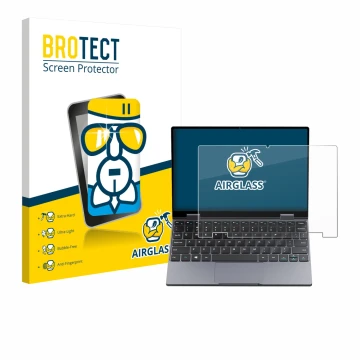 Front side of a product packaging with the brand logo BROTECT. Next to it is the device Chuwi MiniBook X N150 shown with the c