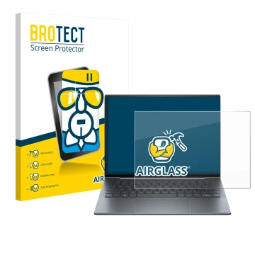 Front side of a product packaging with the brand logo BROTECT. Next to it is the device HP Dragonfly 13.5