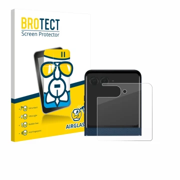 Front side of a product packaging with the brand logo BROTECT. Next to it is the device Motorola Razr 60 (Back display) shown 