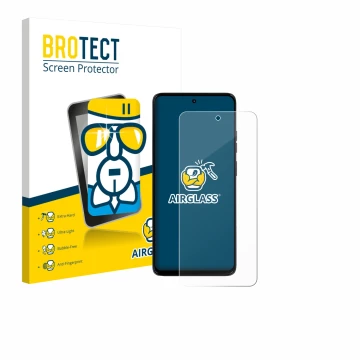 Front side of a product packaging with the brand logo BROTECT. Next to it is the device Motorola Moto G56 shown with the corre