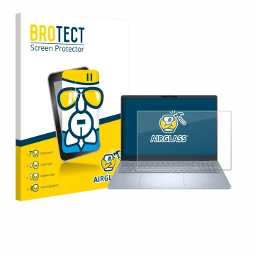 Front side of a product packaging with the brand logo BROTECT. Next to it is the device Dell 16 Plus Laptop shown with the cor