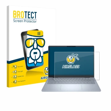 Front side of a product packaging with the brand logo BROTECT. Next to it is the device Dell 14 Plus Laptop shown with the cor