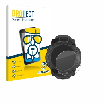Front side of a product packaging with the brand logo BROTECT. Next to it is the device Garmin Instinct 3 Tactical AMOLED Edit