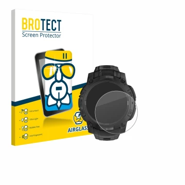 Front side of a product packaging with the brand logo BROTECT. Next to it is the device Garmin Instinct 3 Solar Tactical Editi