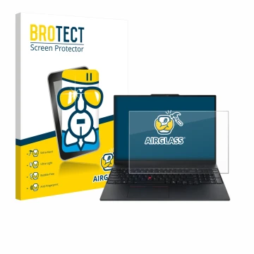 Front side of a product packaging with the brand logo BROTECT. Next to it is the device Lenovo ThinkPad E16 Gen 3 shown with t