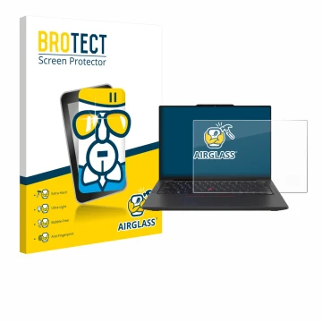 Front side of a product packaging with the brand logo BROTECT. Next to it is the device Lenovo ThinkPad X13 Gen 6 shown with t