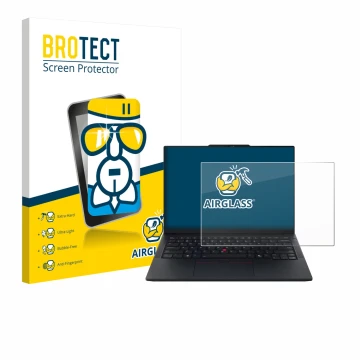 Front side of a product packaging with the brand logo BROTECT. Next to it is the device Lenovo ThinkPad E14 Gen 7 shown with t