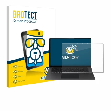 Front side of a product packaging with the brand logo BROTECT. Next to it is the device Microsoft Surface Laptop 15