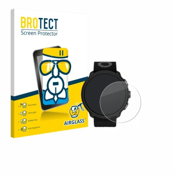 Front side of a product packaging with the brand logo BROTECT. Next to it is the device Suunto Run shown with the correspondin