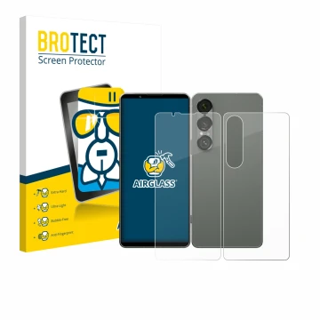 Front side of a product packaging with the brand logo BROTECT. Next to it is the device Sony Xperia 1 VII (Front+Back) shown w