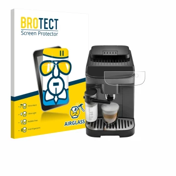 Front side of a product packaging with the brand logo BROTECT. Next to it is the device DeLonghi Magnifica Evo shown with the 