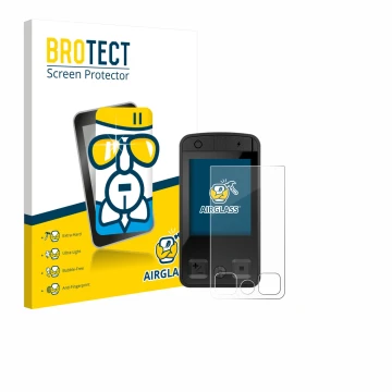 Front side of a product packaging with the brand logo BROTECT. Next to it is the device Bosch Kiox 400C shown with the corresp