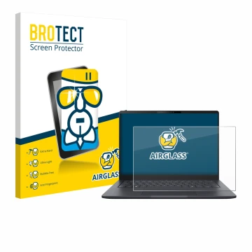 Front side of a product packaging with the brand logo BROTECT. Next to it is the device ASUS ExpertBook B3 B3405 shown with th