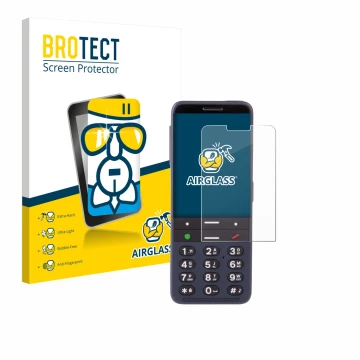 Front side of a product packaging with the brand logo BROTECT. Next to it is the device BlindShell Classic 3 shown with the co